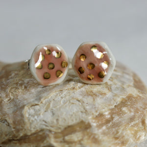 Pink hexagonal and gold earrings